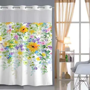 1/2 pcs hook free large loop double-layer Decorative Flower, floral pattern shower curtain, transparent ceiling window, bird pattern waterproof double-layer shower curtain, with super absorbent pad, bathroom accessories