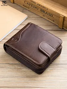 Men's Genuine Leather Bifold Wallet with Multiple Card Slots, Colorblock Design, Zipper Closure, Perfect for All Seasons