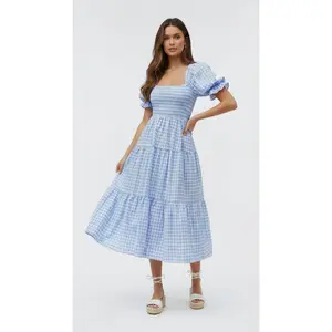 Chouyatou Women’s Summer Boho Plaid Square Neck Puff Sleeve Dress Loose Flowy A-Line Midi Dress