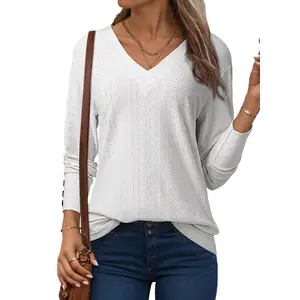 Dokotoo Women's Tops Dressy Casual V Neck Long Sleeve Buttons Hollow Out Lace Embroidered Blouses Shirts