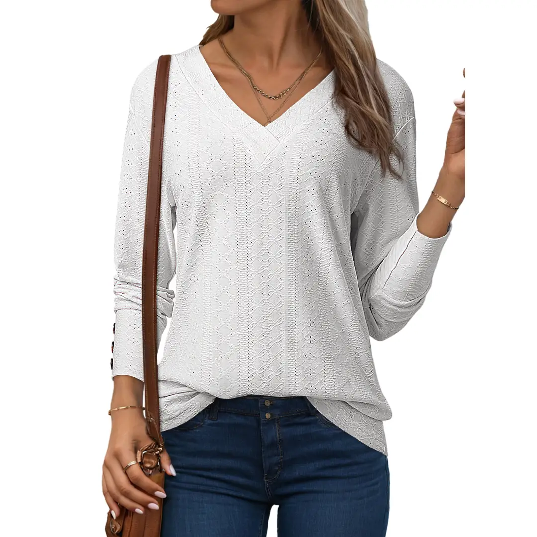 Dokotoo Women's Tops Dressy Casual V Neck Long Sleeve Buttons Hollow Out Lace Embroidered Blouses Shirts