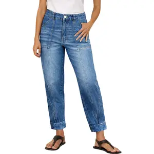 Flamingals Wash Patch Pocket Seam Front High Rise Straight Leg Crop Jeans Stretchy 25.6'' Inseam