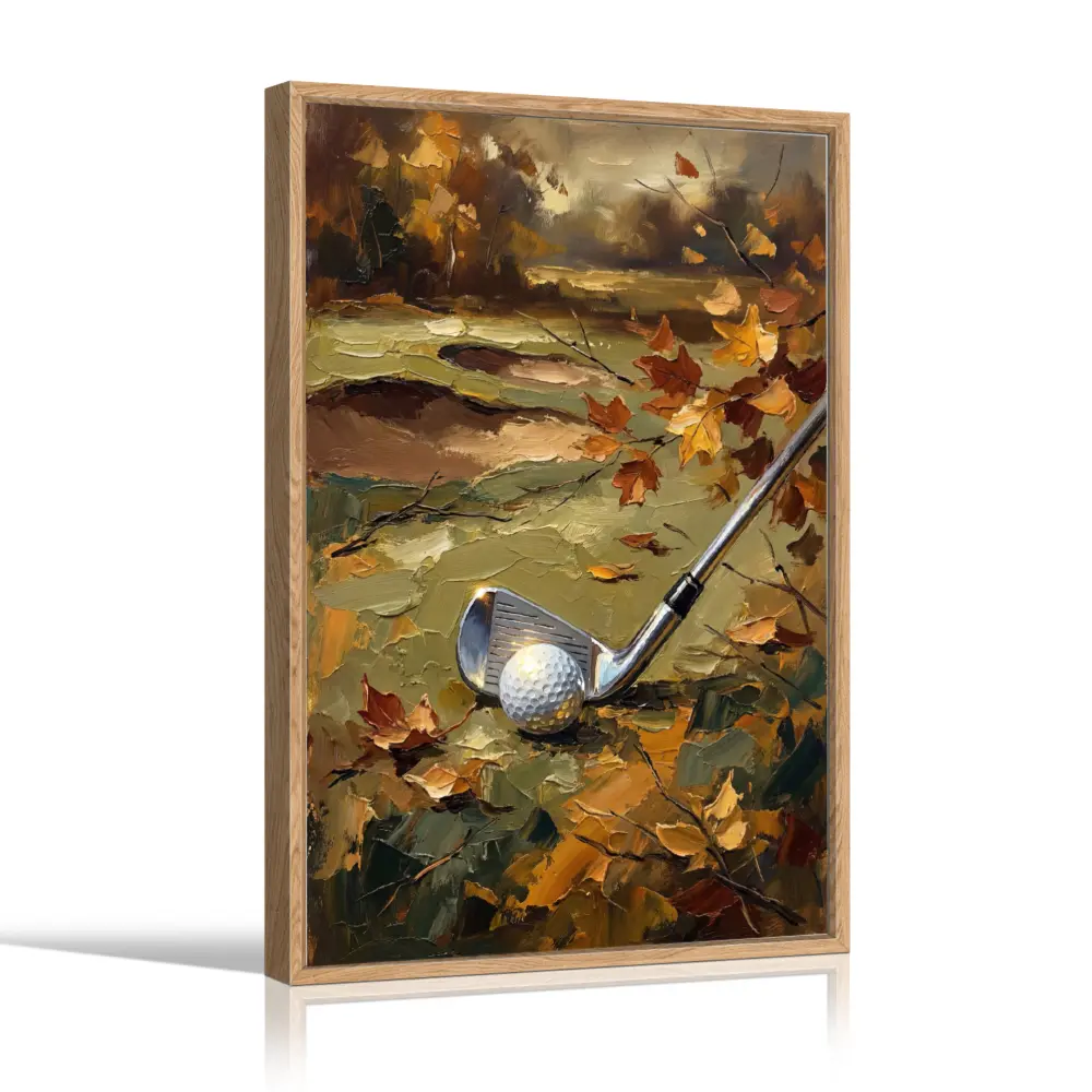 Waterproof Autumn Leaves Sport Golf Club Scene Canvas Wall Art Print - 18x24in Solid Wood Floating Frame Artwork, Hanging Decoration for Living Room, Kid Room, Home Office