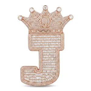 Space ice 105mm Iced Out Crown Letter J Pendant, Copper Rose Gold Plated Full CZ Diamond Initial Alphabet J Charm, Hip Hop Bling Pendant Necklace for Men Women
