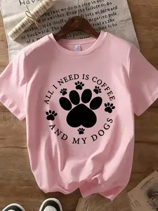 Women's Crew Neck Short Sleeve Tee Coffee And Dogs Paw Print Pet Lover Multiple Colors Available Oversized Flattering Fit Cloud Soft Breathable Cotton Blend Durable Washable No Shrink No Fade All-Match Base Tee Spring Summer Commute Office Date Daily Wear