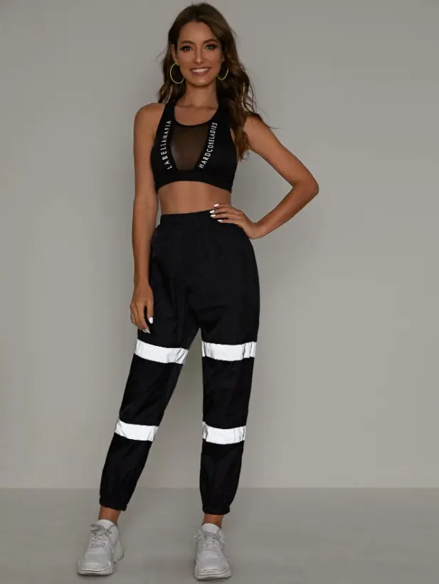 SHEIN *BRAND NEW* Women's Black/Silver Contrast Reflective Panel Detail Windbreaker Pants - Small Casual Black Plain Fabric Fit