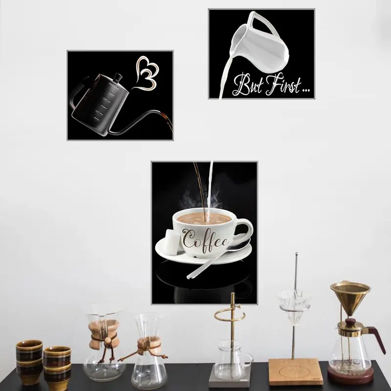 Creative Coffee & Tea Pattern Interactive Pattern Wall Stickers, 3 Counts Kitchen Canvas Wall Art Poster, Wall Decal, Graphic Decal, Decorative Sticker, Decoration Items, Home Decor, Room Decor, Summer Essentials