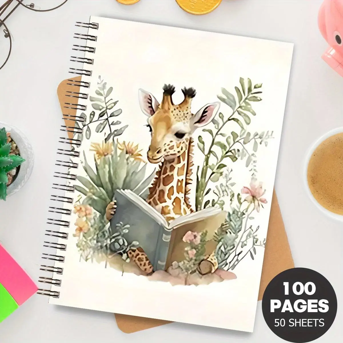 Giraffe Reading Book Pattern Spiral Notebook, 1 Count Cute Spiral Notebook Journal, Aesthetic Notebook, Personal Planning and Life Record Book, Suitable for Gifting, Travel Diary Notebook, Spiral Coil Notebook