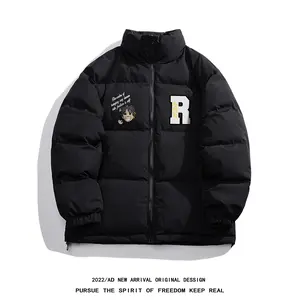 Cartoon Print Stand Collar Cotton Jacket For Couples Autumn Winter Thickened Coat Trendy Brand Letter R Design Warm Cotton Clothing