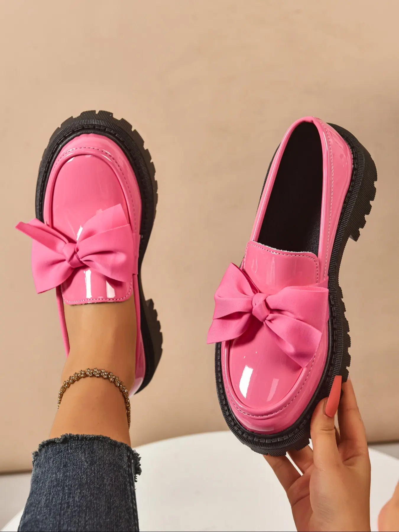 Women's New Thick Sole Loafers, Shiny Leather with Elegant Bow Tie, Fashionable and Versatile, Available in Multiple Colors
