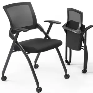 2 Pack Ergonomic Folding Office Chair with Thick Cushion, Comfortable Foldable Office Chair with Arms & Wheels for Office Meetings, Conference, Training Room