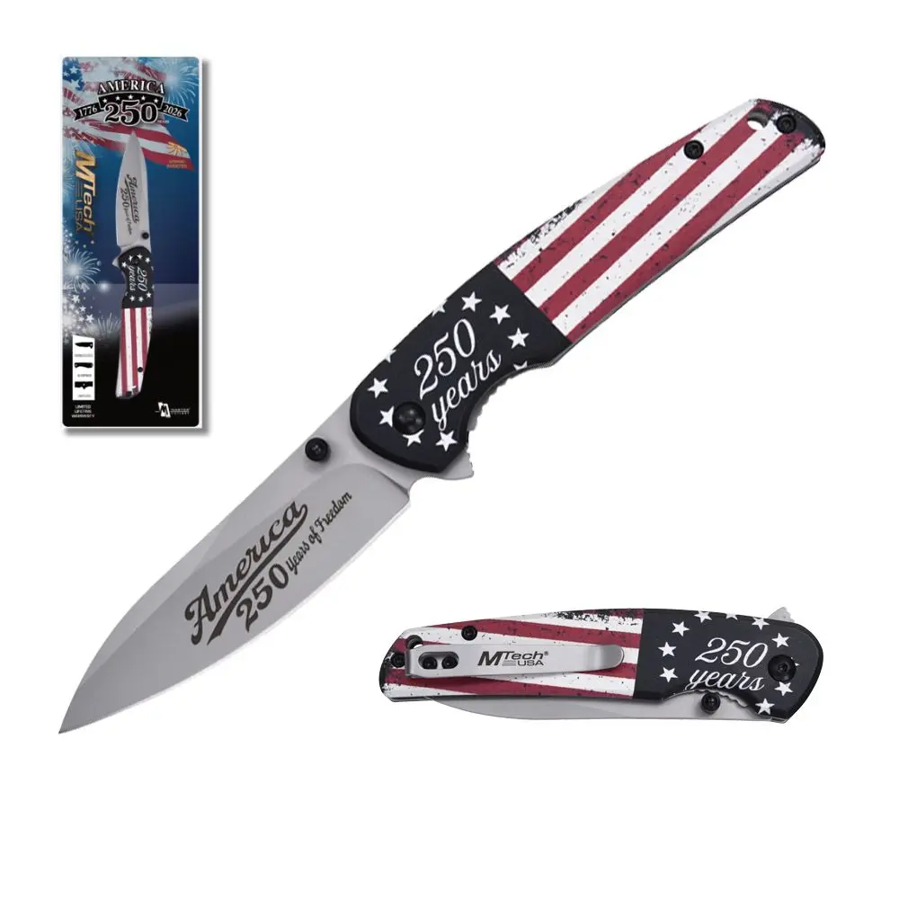 MTech USA Patriotic 250 Years of Freedom Compact Folding Knife - 4.50" Closed, Aluminum Handle, Drop Blade, Embossed Grip, Outdoor Gadgets, Hiking Camping Gear, Fits Pocket MT-A2064
