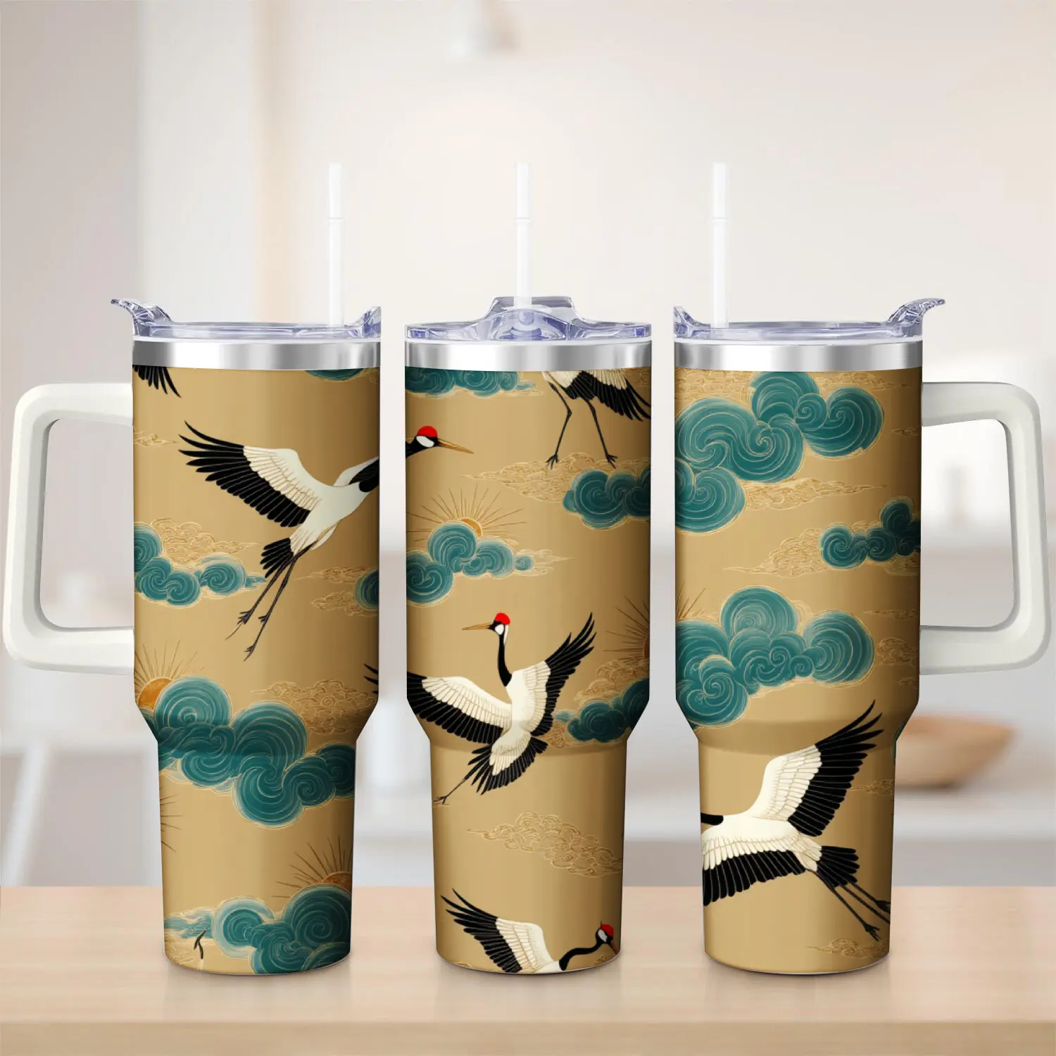 Stainless Steel Travel Mug With Handle Gold Color Crane And Cloud Pattern For Outdoor Nature Lovers
