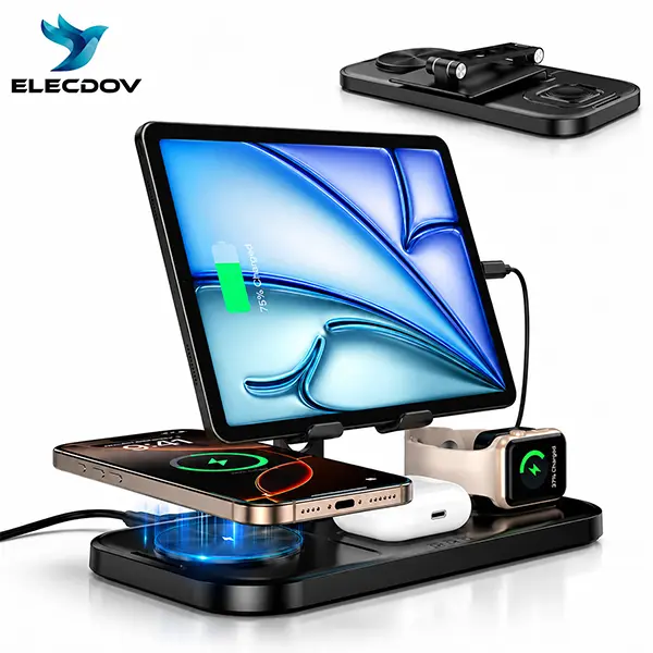 ELECDOV C12 4-in-1 Wireless Charging Station - Portable Folding Fast Charger with USB-A, USB-C Ports, Type C Charging for Smartphone, Mobile Device, Desktop Use, International Travel
