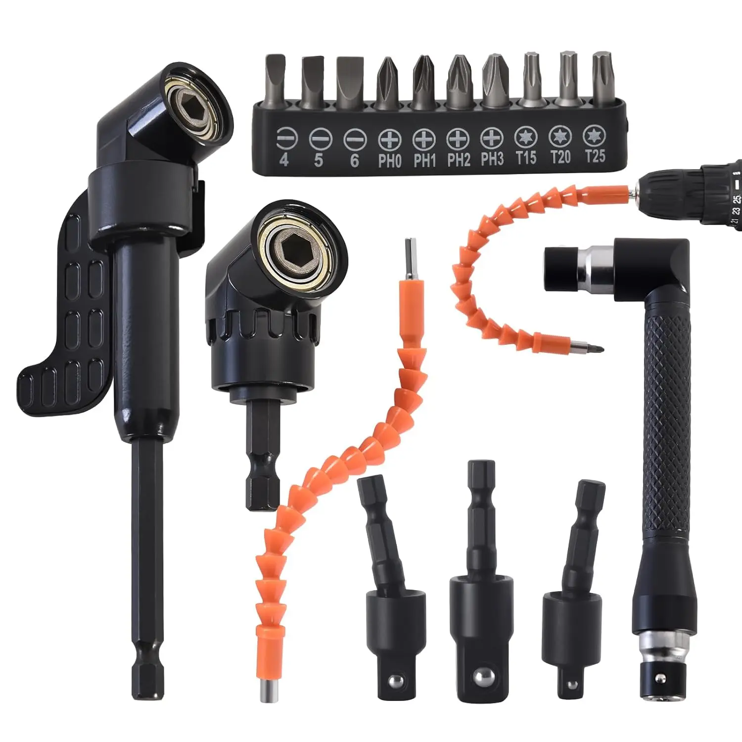 Flexible Drill Bit Extension Kit, 17Pcs with 360° Rotatable Socket Adapters (1/2" 3/8" 1/4"), 105° & 90° Right Angle Attachments, Screwdriver Bits & Bendable Extension