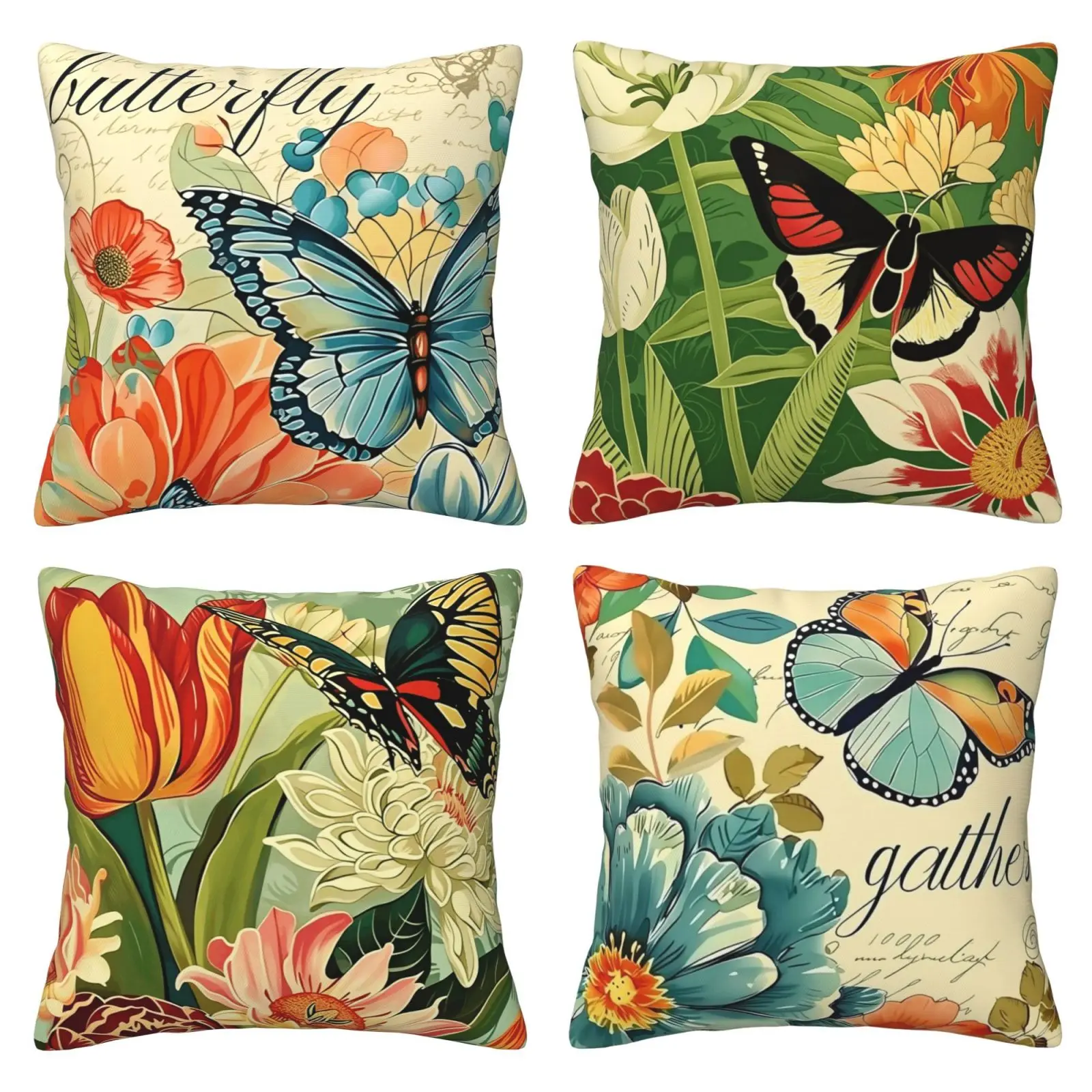 Spring and summer flower butterfly decoration pillow cover, retro garden flower porch outdoor home decoration, home textile, plant style farmhouse sofa cushion cover, 4-piece set double-sided printing