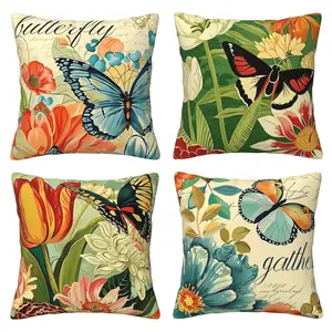 Spring and summer flower butterfly decoration pillow cover, retro garden flower porch outdoor home decoration, plant style farmhouse sofa cushion cover, 4-piece set double-sided printing