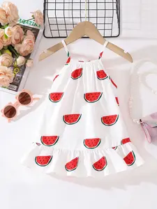 Girls Summer New Fruit Series Dress, Fresh Watermelon Print Halter Dress, Vacation Princess Style, Lightweight Breathable Ruffle Hem