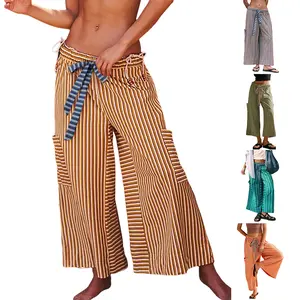 Kingapril Women Drawstring Striped Pants Loose Wide Leg Lounge Pants Casual Palazzo Pants Trousers with Pockets