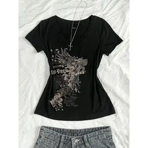 TikTok “Las Vegas” virus–themed V-neck T-shirt — soft, stretchy cotton, slim fit, Y2K aesthetic streetwear, floral wing print, casual fashion, retro avant-garde statement top for women, a wardrobe essential, cool and bold retro clothing — GARMENTARY