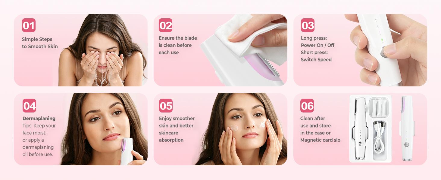 White Sonic Dermaplaning Tool for Women, 3-Speed Facial Hair Remover with LED Light, Rechargeable Face Shaver for Peach Fuzz Removal & Gentle Exfoliation, Portable Skincare Tool with Replaceable Blades