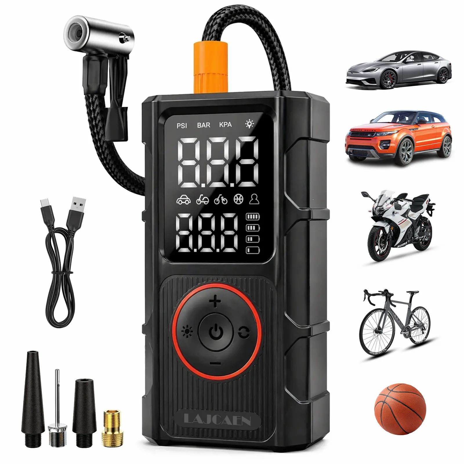 Wireless Rechargeable Tire Inflator Pump with Digital Pressure Gauge, LED Light, Multifunctional Nozzle Adapter – Cars Accessories, Tire Repair & Fitting Tools for Cars, SUVs, Bicycles