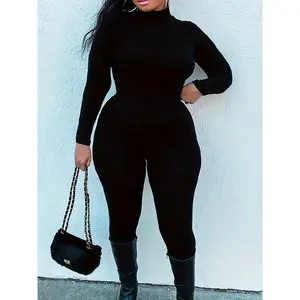 Large size black casual solid color spliced turtleneck jumpsuit