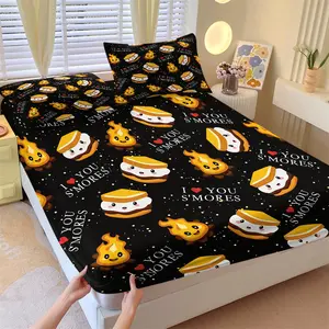 Cotton Candy Sandwich Cookie Theme Fitted Sheet Set & 2 Pillowcases No Core, Cartoon Marshmallow Cookie Flame & I ❤️ YOU Design, Soft Non-Slip Wrinkle Resistant, Cute Dark Bedroom Decor Gift Choice