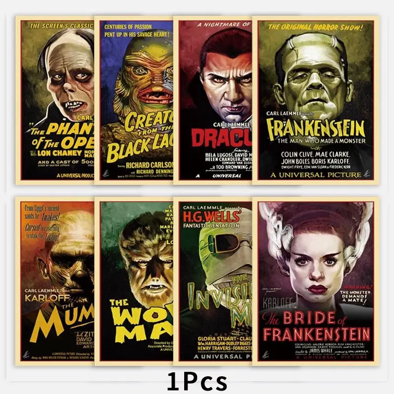 Dracula, Frankenstein's Monster, Creature from the Black Lagoon, The Invisible Man, The Mummy, Werewolf - Global Monster Poster - Classic Horror Movie Canvas Poster - Halloween Wall Decoration, suitable for use in a home office, living room, or dormitory,