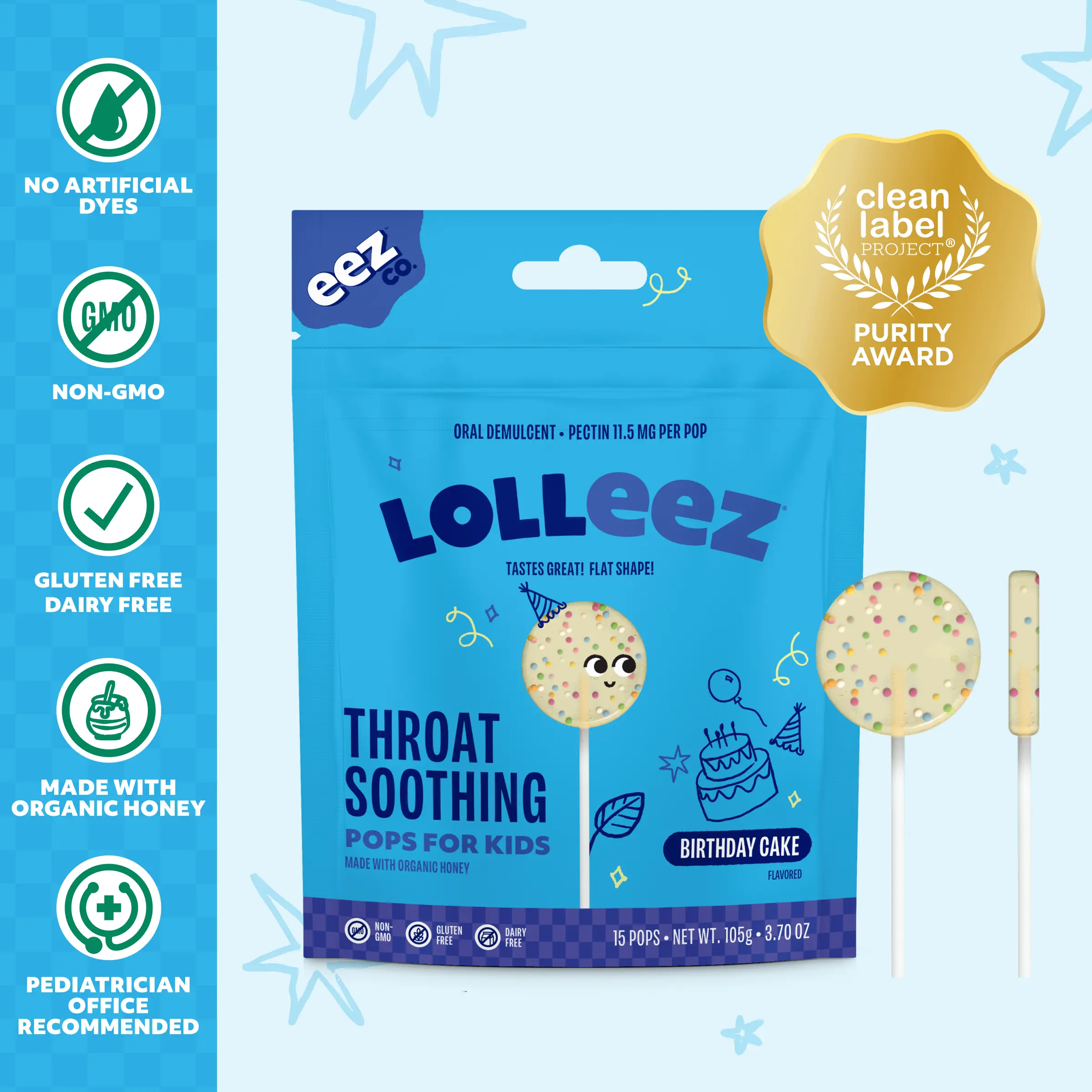 Lolleez by EEZ Co. Throat Soothing Pops for Kids, Birthday Cake