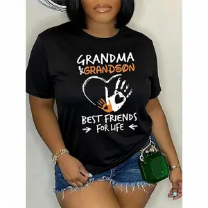 SHEIN Plus Size Grandma & Grandson Best Friends For Life Graphic T-Shirt Women's Casual Fit Short Sleeve Tee Top for Summer Womenswear Tshirt