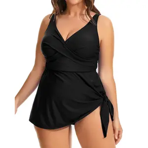 Daci Plus Size One Piece Swimsuits for Women Flowy Asymmetrical Hem Swim Dress with Shorts Built in