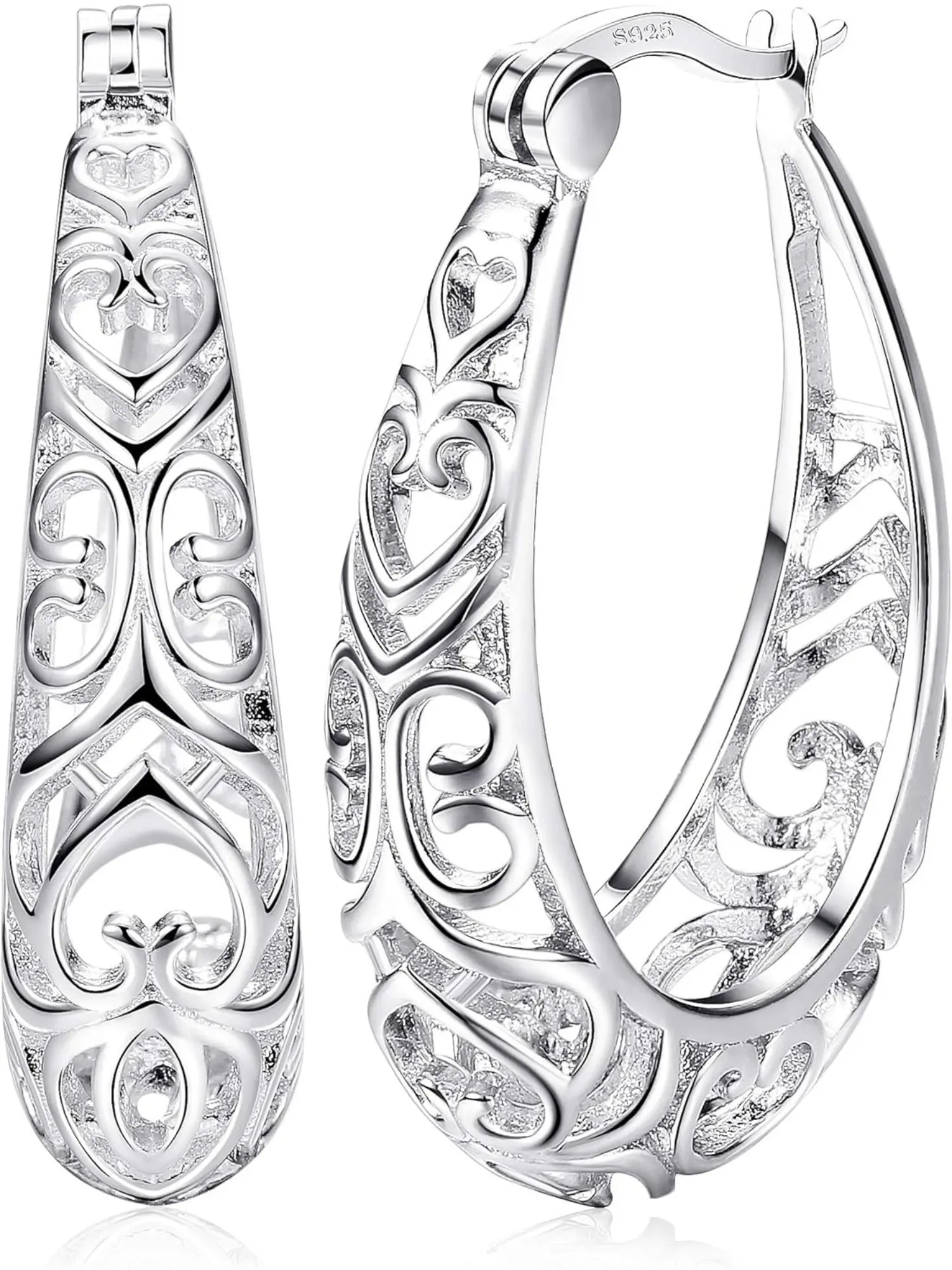 2 Pcs 925 Sterling Silver Hoop Earrings for Women 18K White Gold Plated Textured Filigree Oval Hoop Earrings Lightweight & Hypoallergenic Vintage Hoop Earrings Fashionable Hoop Earrings Hoop Earring Sets Ear Hoops