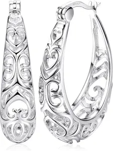 2 Pcs 925 Sterling Silver Hoop Earrings for Women 18K White Gold Plated Textured Filigree Oval Hoop Earrings Lightweight & Hypoallergenic Vintage Hoop Earrings Fashionable Hoop Earrings