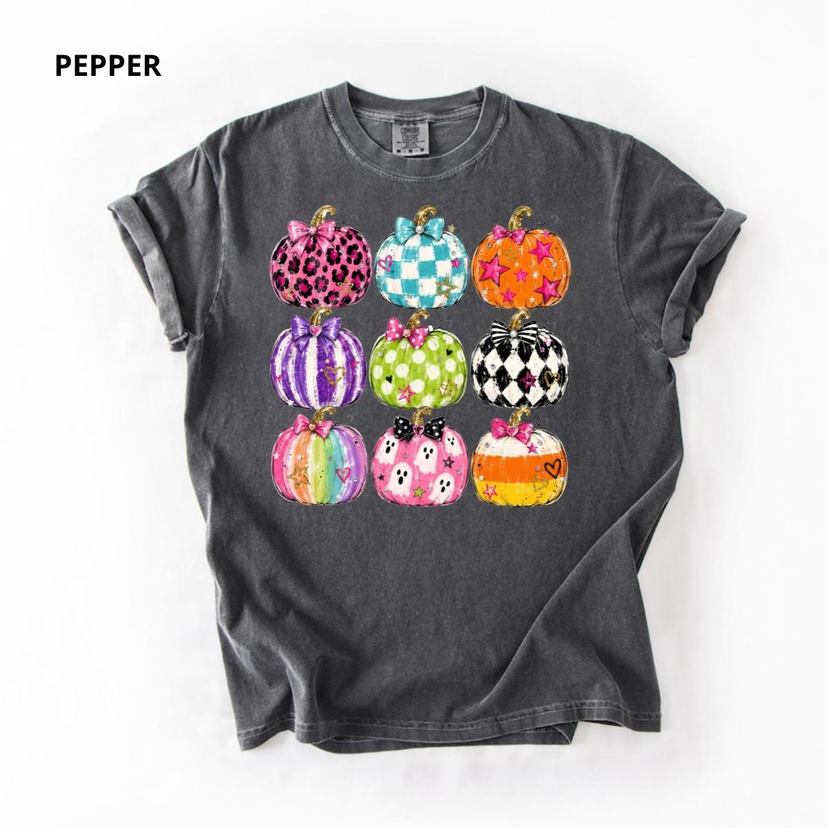 Comfort Colors Preppy Halloween Pumpkin Shirt, Colorful Coquette Pumpkin Graphic Tee, Cute Spooky Season T-Shirt, Trendy Fall Gift