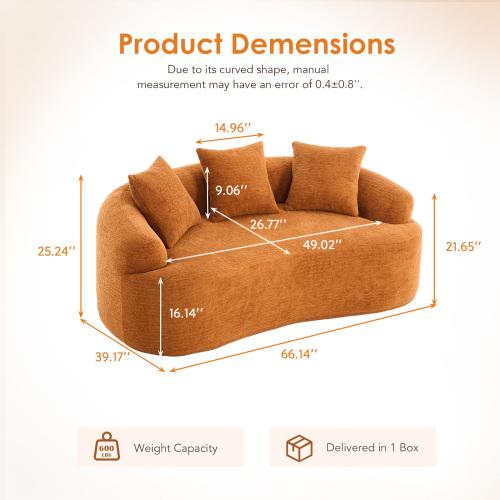 Bellemave LY-025S Curved Loveseat  Full Compression Sponge Sofa, 30D Chenille No-Assembly Compact Sofa for Small Spaces & Apartments, 65"L, 300 lbs, 3 Pillows