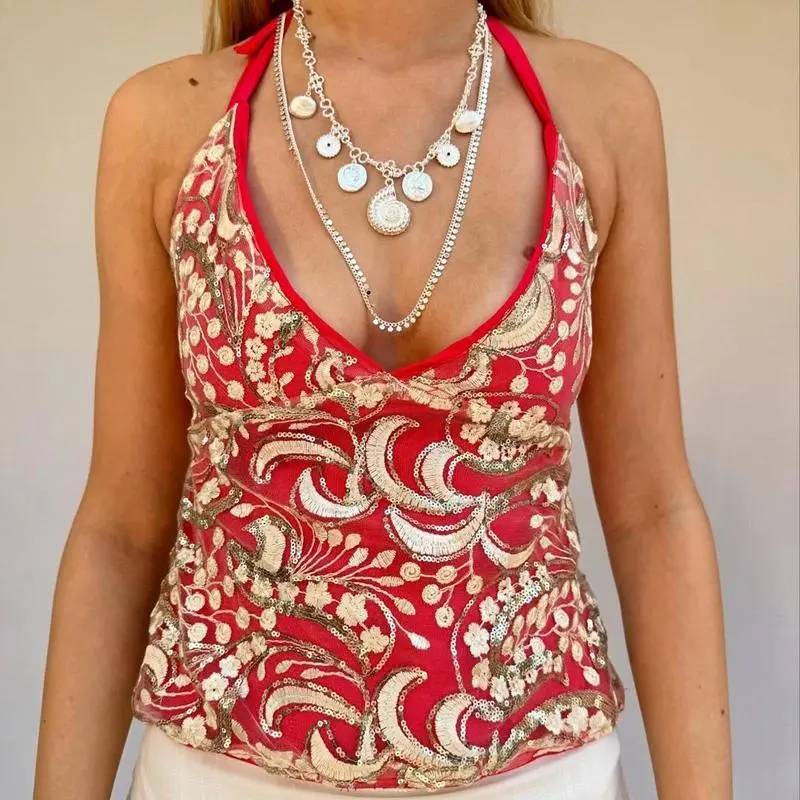 Glitter Beaded Shirt Vest Boho Beach Vacation Crop Top Sequin Sparkly Backless Tie Up Halter Tops Women Fairy Coquette Camis