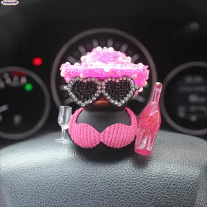 Cute Duck Car Dashboard Ornament Set, Black Duck with Pink Glitter Hat and Champagne Bottle Decor, Funny Car Interior Accessory for Dashboard, Motorcycle, Bicycle, Party Gift