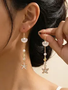 Ocean Wind Shell Starfish Pearl Design Earrings, Long Luxury Drop Earrings, Perfect for Parties, Vacations, Gifts, Daily Wear