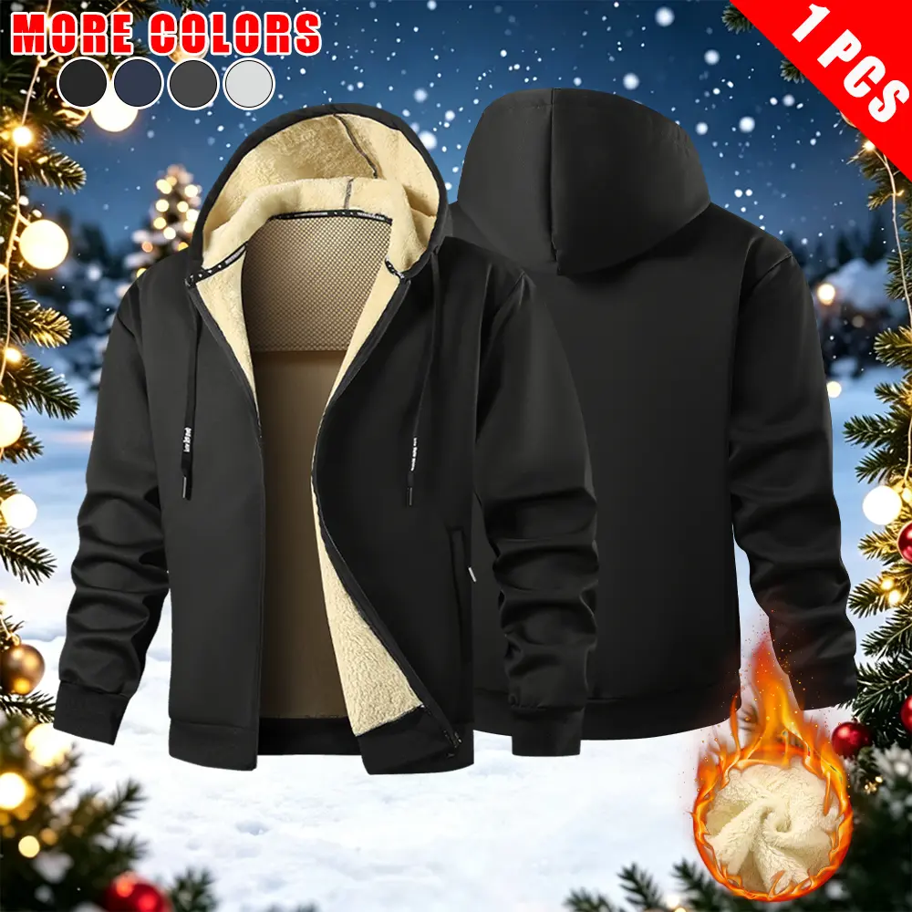 Men’s autumn/winter fleece-lined zip-up hooded sweatshirt jacket, casual long-sleeve drawstring hoodie outerwear with a loose fit, soft and warm, featuring side zipper pockets; suitable for everyday wear, outdoor sports, walking, hiking, travel, and other