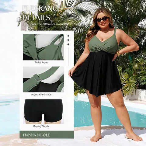 Hanna Nikole Women's Solid Extended Size 1-Piece Swim Dress - High Waisted Tummy Control, Twist Front, Curvy-Friendly, Elastane Modest Swimming Wear, Beach Bathing Suit Dress