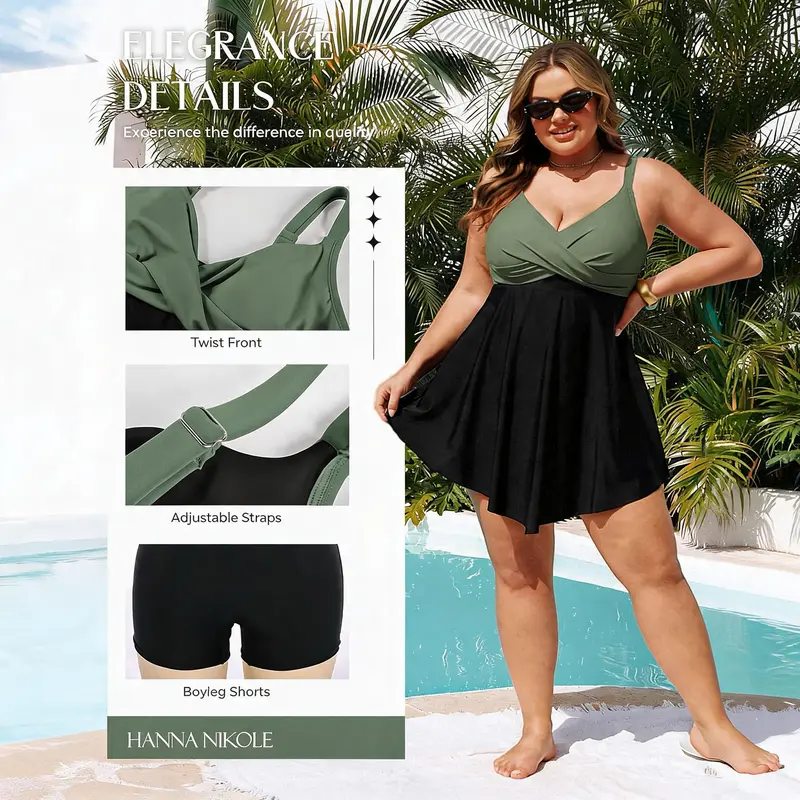 Hanna Nikole Women's Solid Extended Size 1-Piece Swim Dress - High Waisted Tummy Control, Twist Front, Curvy-Friendly, Elastane Modest Swimming Wear, Beach Bathing Suit Dress