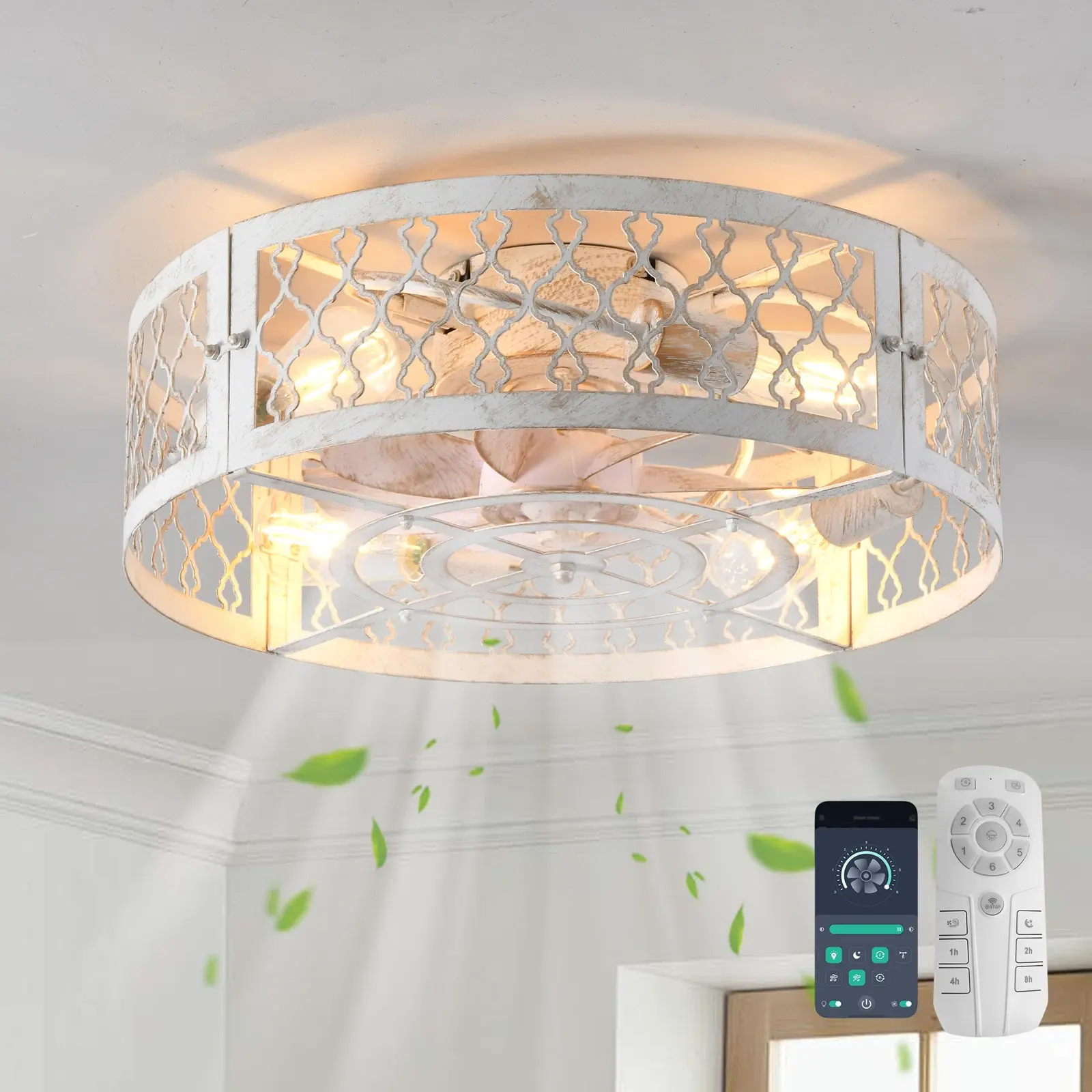19.7'' White Modern Caged Reversible Bladeless Ceiling Fan with Light Kit & Remote - Home Interior Indoor Fixture, 6 Speeds, Timing for Kitchen Bedroom