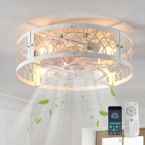 19.7'' White Farmhouse Reversible Caged Ceiling Fan with Light Kit and Remote, Bladeless Industrial Farmhouse Small Fan Lights Ceiling Fixtures for Kitchen Bedroom, 6 Speed, Timing