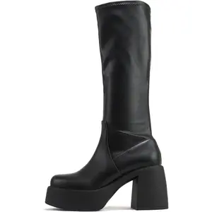 Women Square Toe Medium Chunky Heel Platform Mid-Calf Boot with Side Zipper