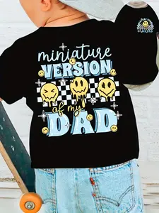 Toddler Boys "Miniature Version Of My Dad" Smiley Checkerboard Graphic T-Shirt, Kids Short Sleeve Casual Tee (Front & Back Print)