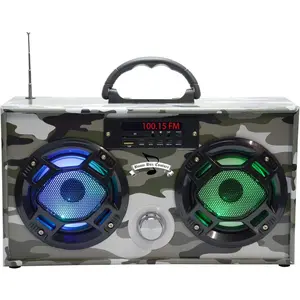 Mini Boombox with LED Speakers - Retro  Speaker w/ FM Radio -  for  and Outdoor (Green Camo)
