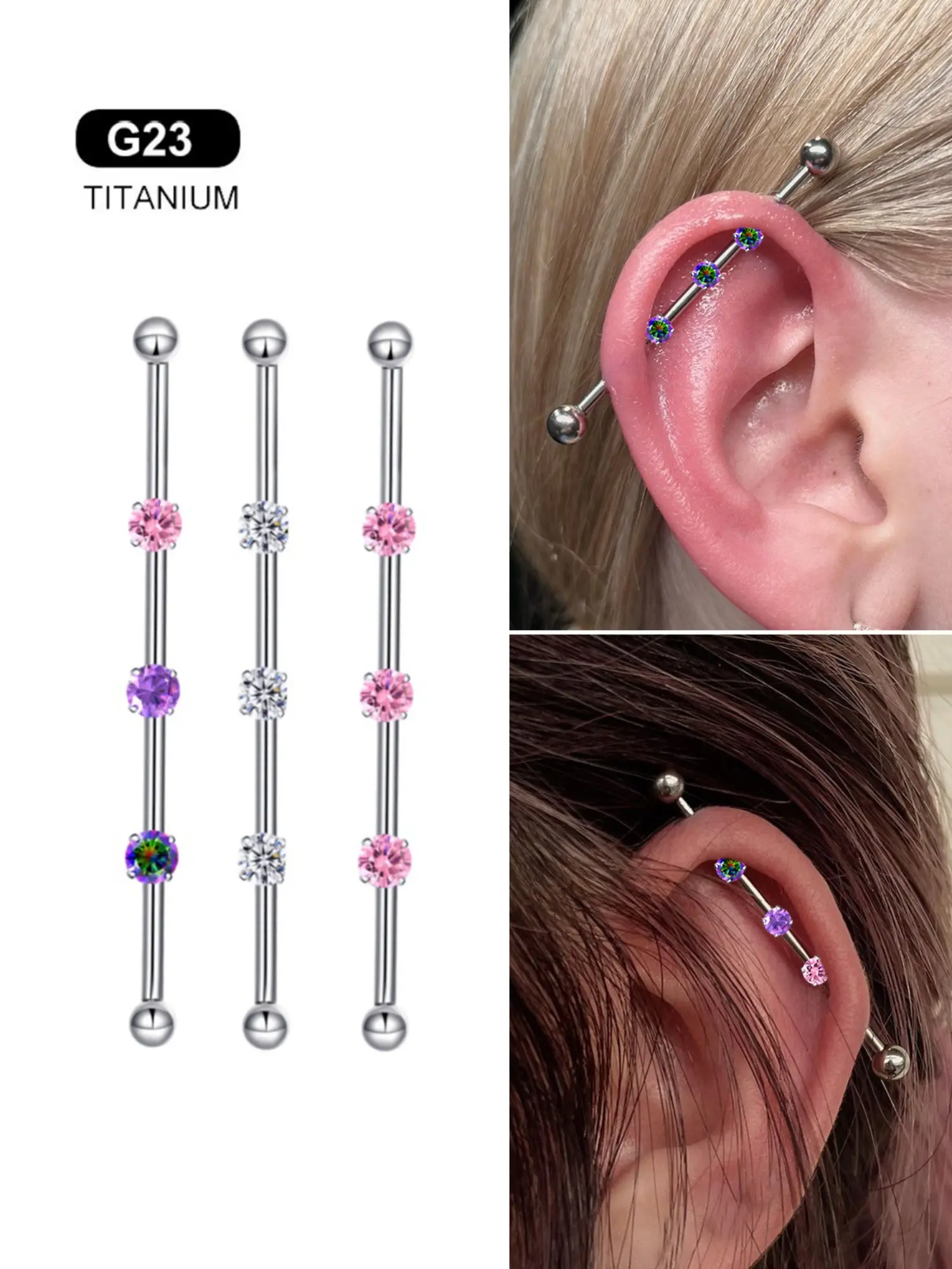 G23 Titanium Industrial Barbell Earrings, 14G Straight Bar Piercing Jewelry with 3 CZ Gems, Cartilage Ear Piercing for Men Women, Body Jewellery