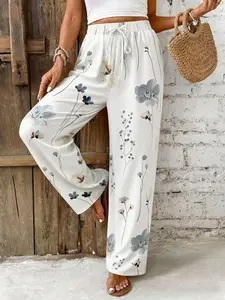 Fashion Floral Print Wide-Leg Pants with Adjustable Drawstring Waist, Curve Plus Size Loose Casual Trousers Y2K Clothes Summer Vacation Outfits Trendy Street Style Daily Date Wear Cute Beach Wear