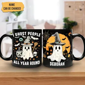 I Ghost People All Year Round Custom Mug, Personalized Cute Halloween Ghost Mug, Pumpkin Mug, Spooky Season Ghost Gift for Women Men, Boo Gift, Halloween Decor Gifts, Custom Name 11oz Black Ceramic Coffee Tea Cup